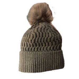 Women's Knit Cuff Beanie with furry Pom Light Grey/Green Heather Winter